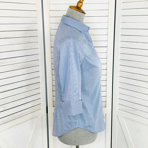 Worthington Petite Striped Faux Pleat Button Front Shirt Blue White Small - Picture 3 of 12